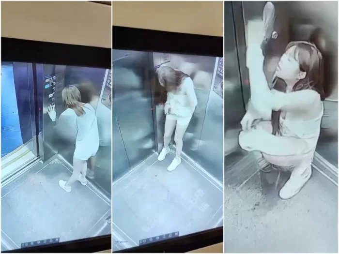 Spy Camera Beautiful girl peeing in the elevator