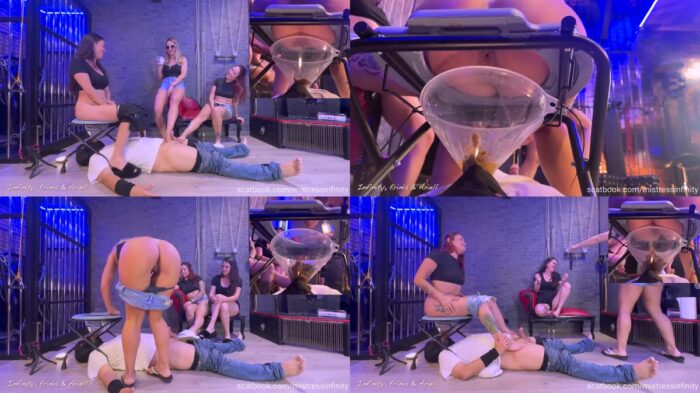 3 mistresses shit in slave mouth