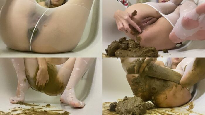 PooGirl – huge pile of shit, white pantyhose, smearing
